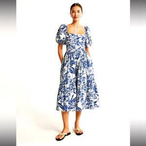 Abercrombie & Fitch Ruched Puff Sleeve Dress L Blue Floral Print